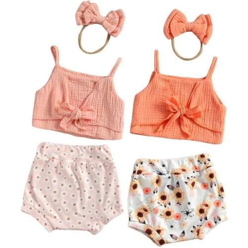 Infant Newborn Baby Girls Three Piece Set, Infants Lace Up Halter Tops Daisy Flower Printing Elastic Shorts Bow Tie Hair Band