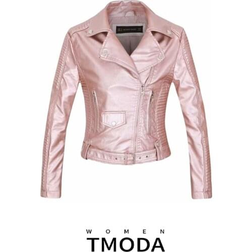 TMODA266 New Autumn Witner Streetwear Women Motorcycle Faux PU Leather Pink Jackets Lady Biker Outerwear Zipper Coat With Belt