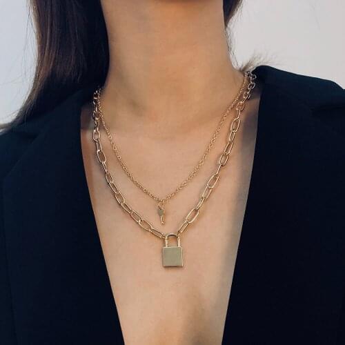 Lalynnly Punk Rock Key Love Lock Pendant Gold Color Chain Punk Gothic Choker Necklace Statement Necklaces for Women JewelryN7866