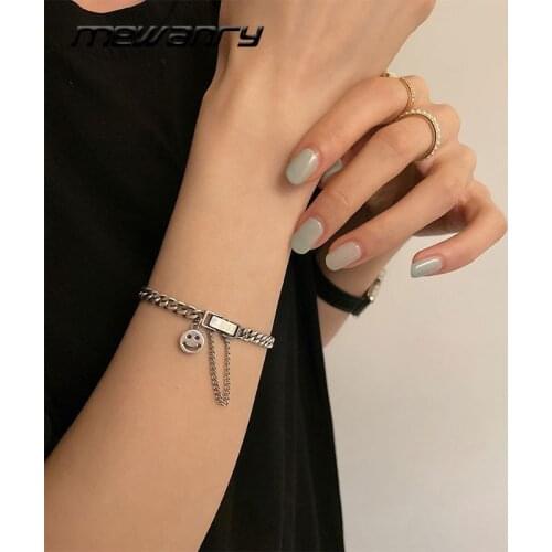 MEWANRY 925 Sterling Silver Bracelets Fashion Rock Vintage Simple Design Smiley Face Chain Tassel Punk Party Jewelry Wholesale