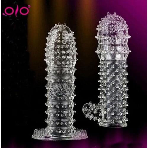 OLO Silicone Extension Reusable Condoms Penis Sleeve Male Enlargement Delay Spike Massager Cover Crystal Condom Adult Sex Toy