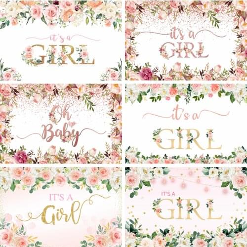 MOCSICKA It’s A Girl Baby Shower Backdrop Photography Pink Flower Green Leaf Birthday Photo Background Decor Photo Shoot Studio
