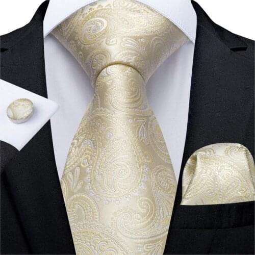 Men Tie Yellow White Paisley Wedding Tie For Men Hanky Cufflink Silk Men Tie Set DiBanGu Designer Party Business Fashion MJ-7253