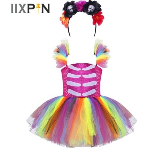 2021 New Arrival Rainbow Skeleton Skull Girls Costume Toddler Punk Gothic Bone Costume Halloween Ghost Mesh Tutu Dress For Kids