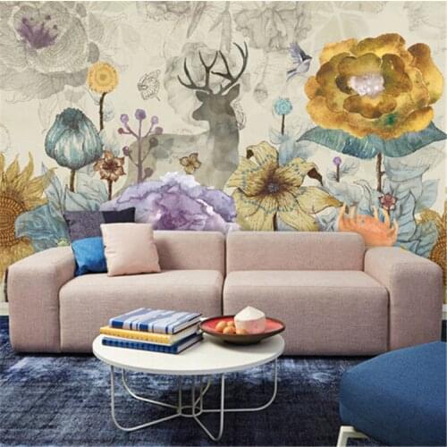 Custom vintage flowers and elk deer design wall mural on the wall for meeting room living room sofa background wall paper mural