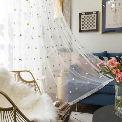 Green Star Sheer Curtains for Livingroom Kids Boys Towel Embroidery Organza Mesh Fabric Bay Window Treatment Drapes M065C