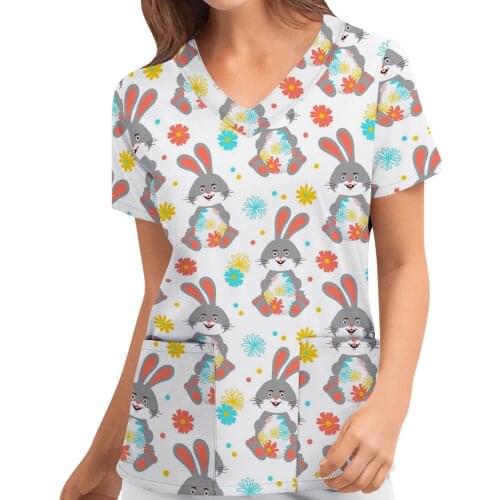 Working Nurse Uniform Tops Print Short Sleeve Summer V-neck Easter Nursing Blouse for Women Mukoti Yunifomu Plue Size Drop Ship