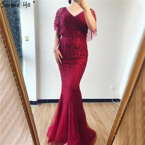 Red Dubai Luxury Half Sleeves Prom Dresses 2020 Mermaid Beading Crystal Gowns Design Real Photo BLA70163