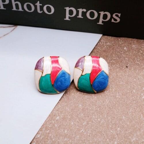 Splicing Oil Painting Earrings Square Alloy Enamel Party Colorful Vintage Brincos Accessories Femme Jewelry
