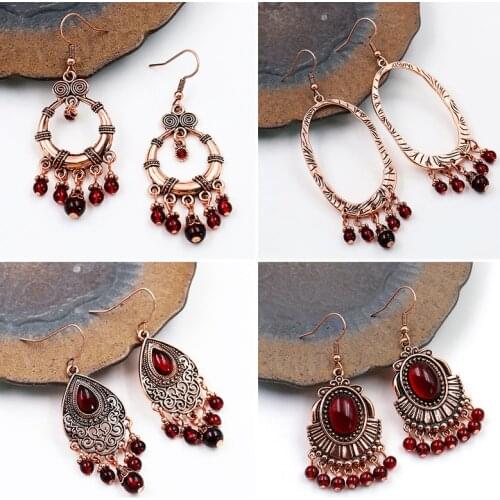 Geometric alloy natural garnet pendant woman earrings New hot sale vintage alloy earrings jewelry wholesale