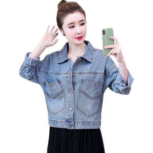 Vintage Denim Jacket Women Spring Coat Ripped oversized Outerwear Coats Windbreaker Autumn Female Jeans Jacket Plus Size OK586