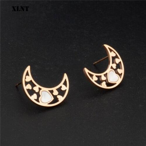 XLNT Korean popular Earrings Moon Heart Shell Stud Earring For Women Moon Stainless Steel Accessories