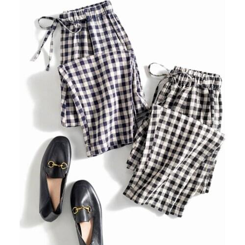 Summer Women Loose Plus Size Japan Style Plaid Comfortable Breathable Water Washed Linen Trousers Elastic Waist Harem Pants