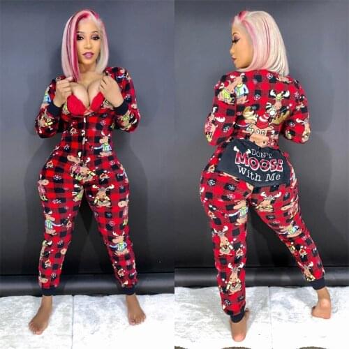 Womens Christmas Jumpsuit Long-sleeved Trousers Plus size XXL Romper Zipper Button Opening Playsuit Warm Overalls Pajama