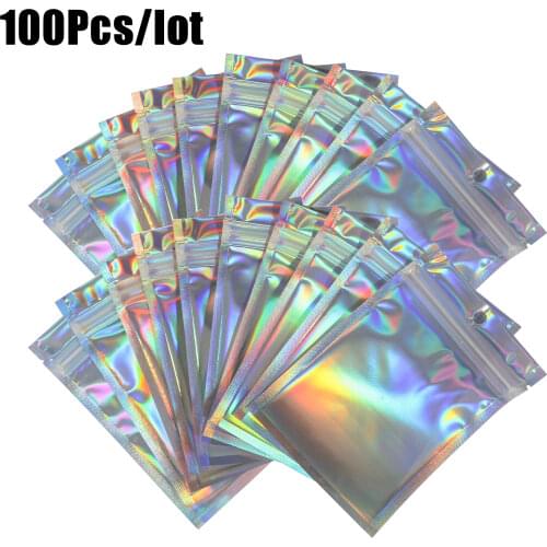 100Pcs Iridescent Zip lock Bags Pouches Cosmetic Plastic Laser Iridescent Bags Holographic Makeup Bags Hologram Zipper Bags