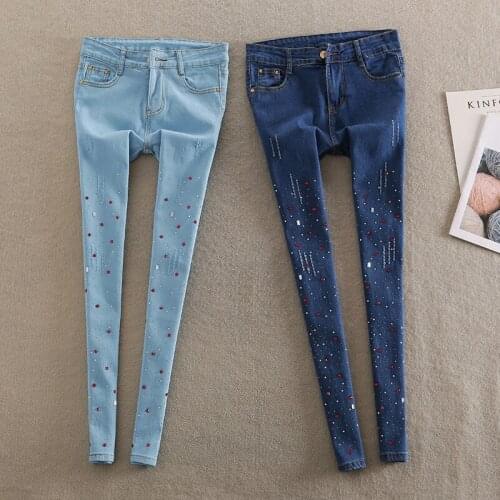 2021 Women Autumn Winter New Vintage Jeans Female Slim Beading High Waist Pencil Denim Pant Lady Casual Loose Oversize Pant D224