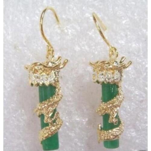 Free shipping wholesale beautiful 20*9mm green Natural jade 18k dragon plated earring