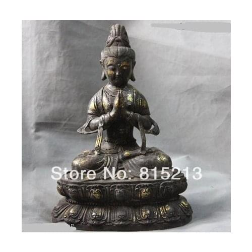 Bi00714 Tibet Old Bronze Copper lotus flower Kwan-yin GuanYin Bodhisattva Buddha Statue
