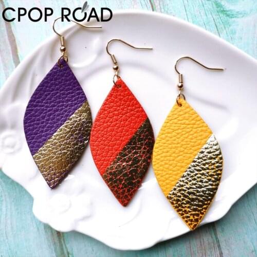 Cpop Gold Brush Leather Earrings for Women Leaf Genuine Cowhide Leather Earrings Boho Glitter Female Jewelry Party Accessories