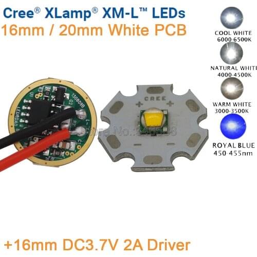 Cree XML XM-L T6 Cold White Neutral White Warm White 10W High Power LED Emitter 20mm White PCB +16mm DC3.7V 2A Driver 5 Modes