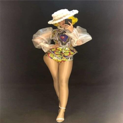 D24 Singer lace Puff sleeve bodysuit dj stage jumpsuit club model show outfits performance clothe disco dance costume ballroom