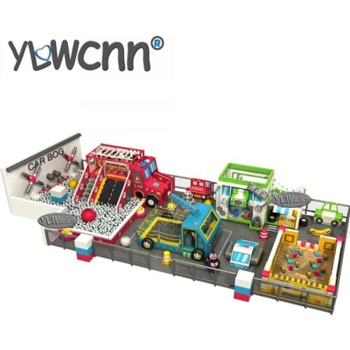 Kids soft play set indoor playground combination trampoline bed ball pool cartoon car parks INA171086