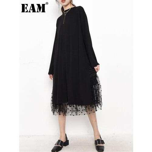 [EAM] Women Dot Mesh Irregular Knitting Big Size Dress New Round Neck Long Sleeve Loose Fit Fashion Spring Autumn 2021 1B5930