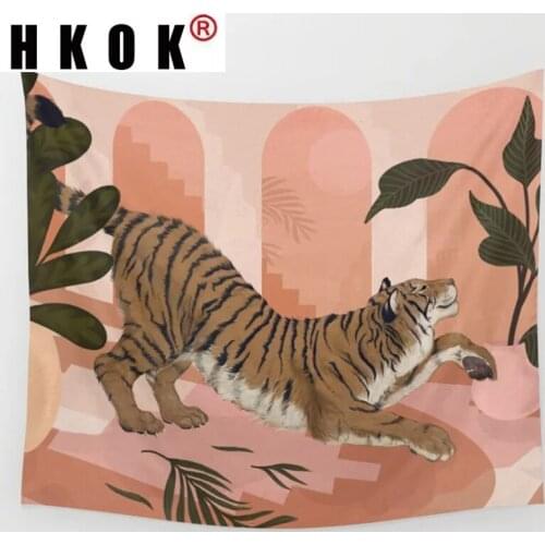 HKOK Tiger Ainmal Cartoon Dorm Tapestry Wall Hanging Covering Rugs Background Cloth Beach Mat Blanket Art Bedroom Home Decor
