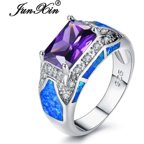 JUNXIN Mystic Blue Fire Opal Rings For Women Silver Color Square Purple Zircon Rainbow Birthstone Engagement Ring