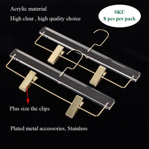 Factory hot sale Transparent Acrylic pants hangers 10pcs Wardrobe Storage Adult Plastic Trousers hanger with Plus size clips