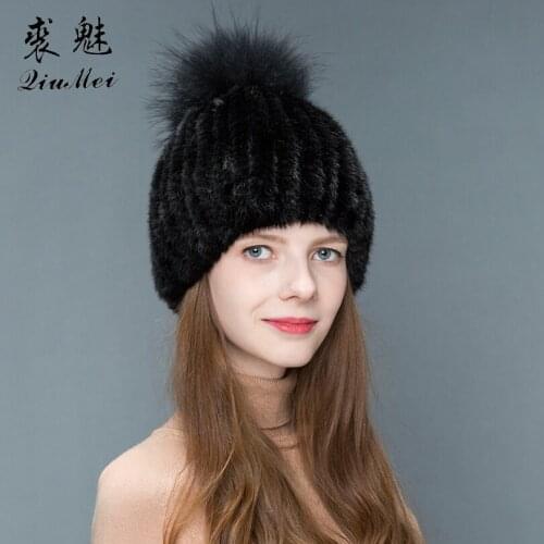 Real Mink Fur Hat For Women Winter Knitted Mink Fur Beanies Cap With Fox Fur Pom Poms 2018 Brand New Thick Girls Winter Fur Hats