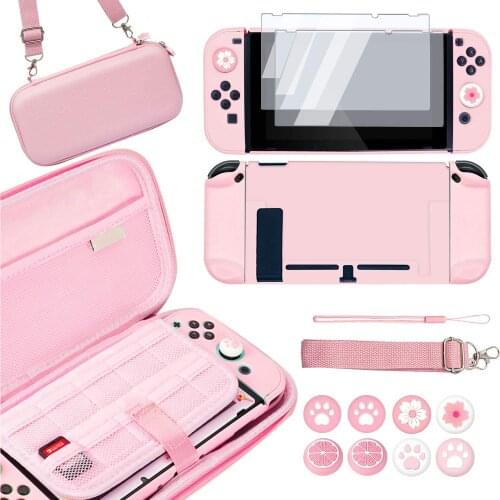 Cute Travel Carrying Case Kawaii Accessories Kit for Nintendo Switch with Protective Cover, Screen Protector and Thumb Grip Caps