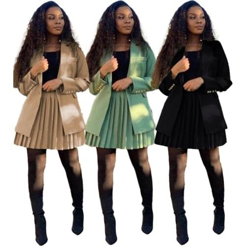 Fashion Women Blazer Pleated Skirt Set Long Sleeve Elegant Office Lady Solid Two Piece Suit Business Plus Size Clothing Outfits