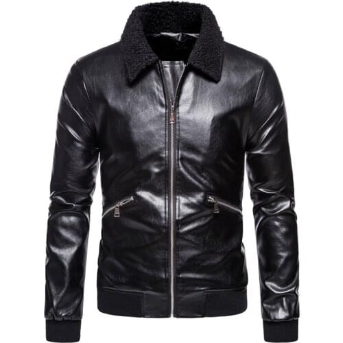 Mens autumn and winter plush leather jacket / lapel high quality warm windproof zipper PU jacket / 2021 new mens clothing