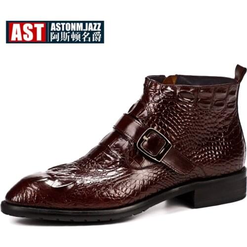 Hot Sale Crocodile Grain Boots Men Full Grain Leather Buckle Belt Office Shoes Zip Retro Pointed Toe Winter Man Boots