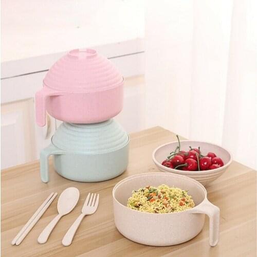 Students Bowl Set w/ Lid Handle Children Instant Noodle Cutlery Wheat Straw Decorative Bowls for Home Decoration