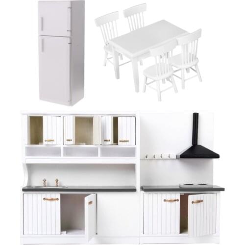 1:12 Dolls House Miniatures Kitchen White Furniture Set Decor Fridge Freezer Table Chairs Toy