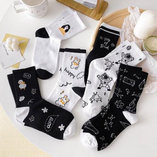 Japanese white socks kawaii cute summer thin cartoon graffiti womens socks fashion breathable black student mid-length socks