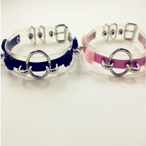 Punk Rock Goth Harajuku Handmade Faux Leather Clear Choker Flower Studs Collar Necklace