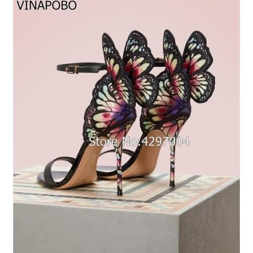 Sexy Rhinestone Colorful butterfly Wings Metal heel Sandals Women Stiletto Jeweled High Heels Sexy club High heel Wedding shoes