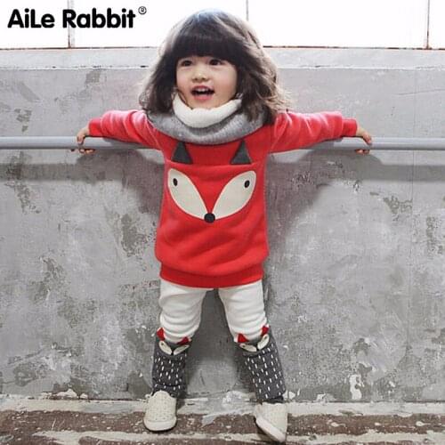 Qiu dong season two-piece new children Girls with velvet cute cartoon fox long sleeve head fleece suit