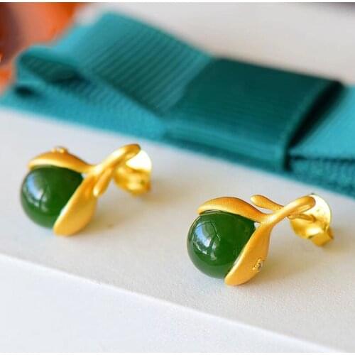 Silver natural Hetian Jasper plant Earrings Chinese style retro exquisite small palace charm womens Christmas brand jewelry
