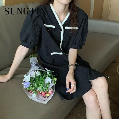 Sungtin Vintage Puff Sleeve Trumpet Dress for Women Patchwork Loose V Neck Mini Dresses Korean Puff Sleeve Black Vestido Mujer
