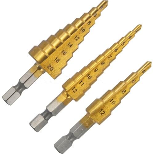 3pcs/set hot HSS Titanium Coated Step Drill Bit for Metal 3-12mm 4-12mm 4-20mm High Speed Steel Wood Drilling Power Tools