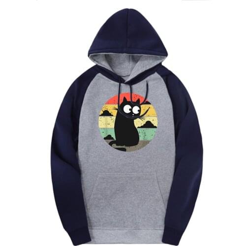 Big Eyes Cat Sweatshirts Man Raglan Hooded Fleece Printing Clothing Harajuku Fleece Hoodies Male Black Outdoor Moleton Masculino