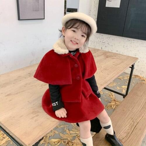 High Quality Girls Clothes Set Winter Fur Collar Thicken Wool Cloak Coat+Skirt 2pc Party Princess Outfits 2-8Yrs Girls Clothes