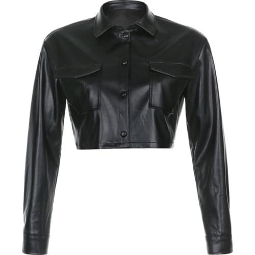 Femme Button Up Short Faux Biker Jacket Winter Black Leather Jacket Women 2021 Autumn Fashion Street Wear Cropped Coat