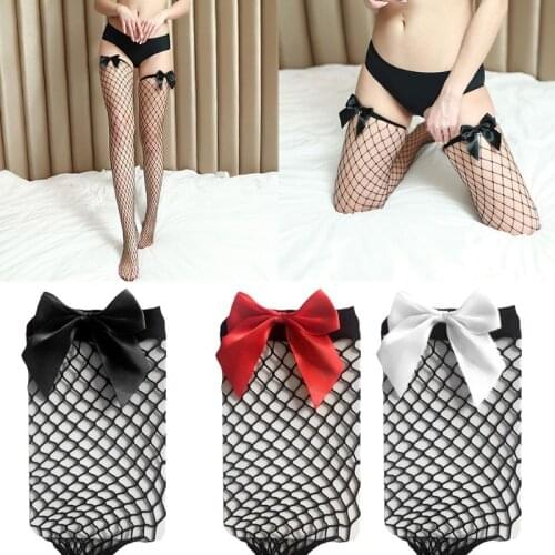 Women Hollow Out Fishnet Thigh High Stockings Bowknot Top Decor Over Knee Socks