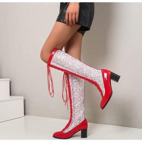Womens Knee High Thigh Boots Mesh Breathable Block Heel Patent Leather Sandals Lace Up Shoes Riding Plus Size 3Colors Plus Size