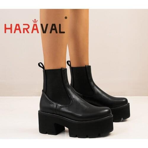 HARAVAL Women Pu Waterproof Platform Boots 7cm Thick Bottom Solid Slip-On Lady Shoes Plus Size Y2K Fashion Footwear Girl E111L